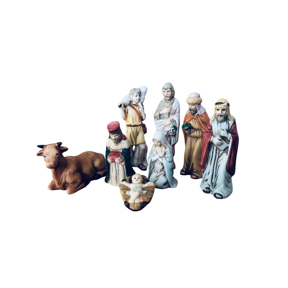 Vintage 8pc Ceramic Nativity Set Hand Painted Christmas Figurines Made in Taiwan